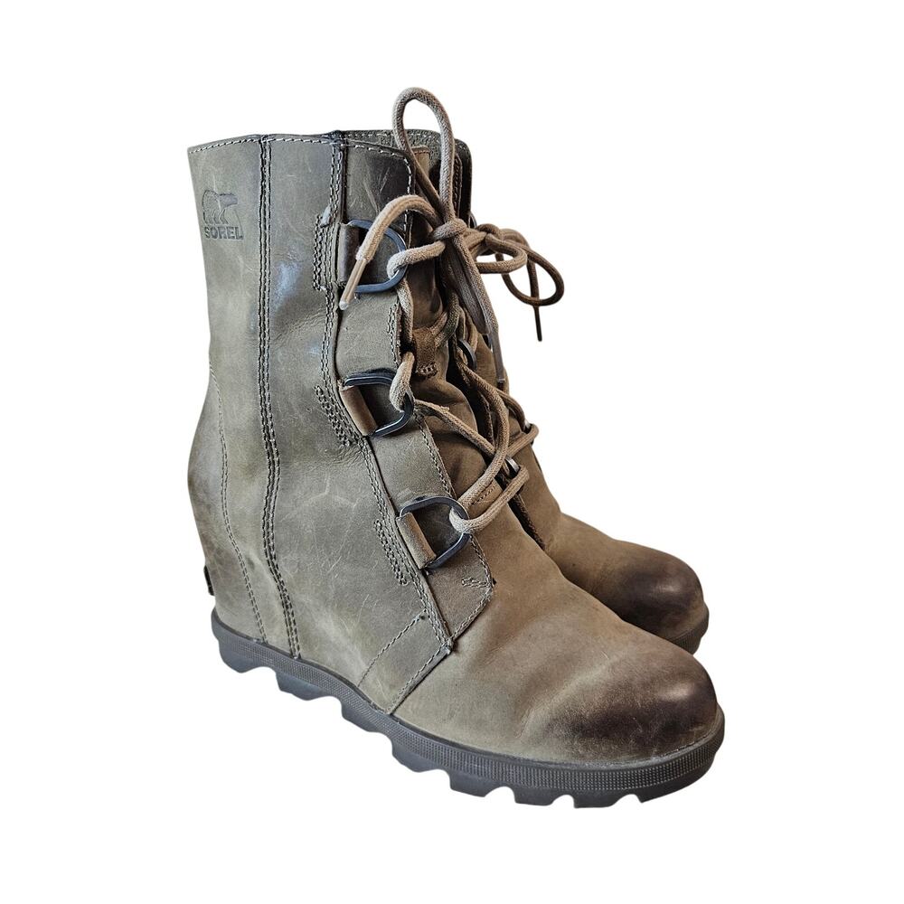 Sorel Joan of Arctic Wedge II Leather Boots Waterproof Combat Quarry Olive Brown